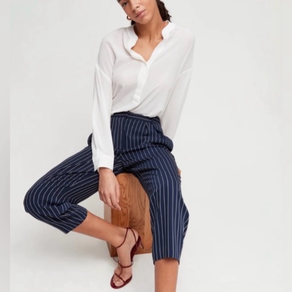 Aritzia BABATON Modesto Navy Stripe Trouser Cropped Dress Pants Ladies 00 Office